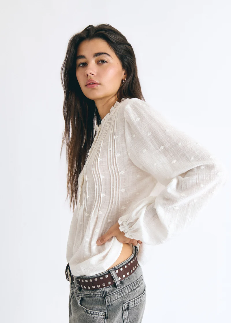 Long-sleeve lurex drawstring blouse