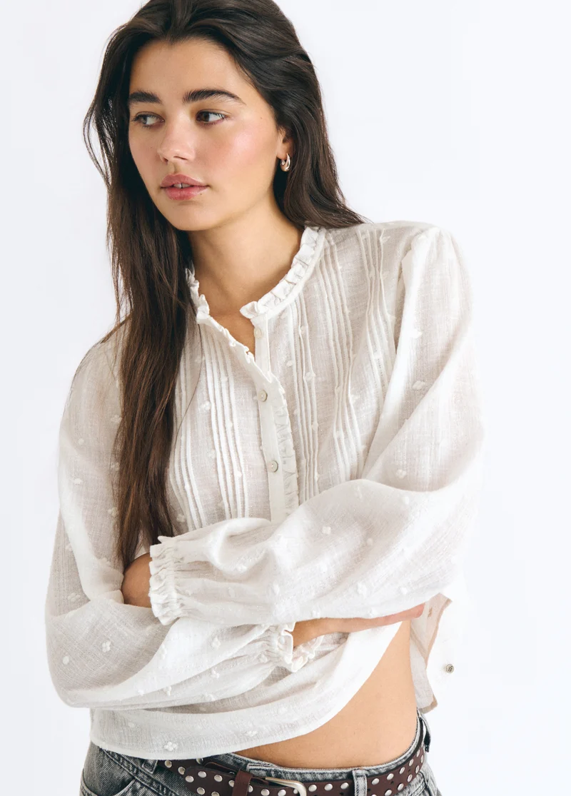 Long-sleeve lurex drawstring blouse