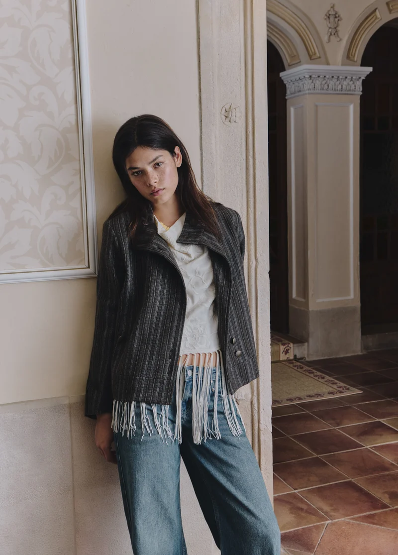 Striped button-up wool jacket