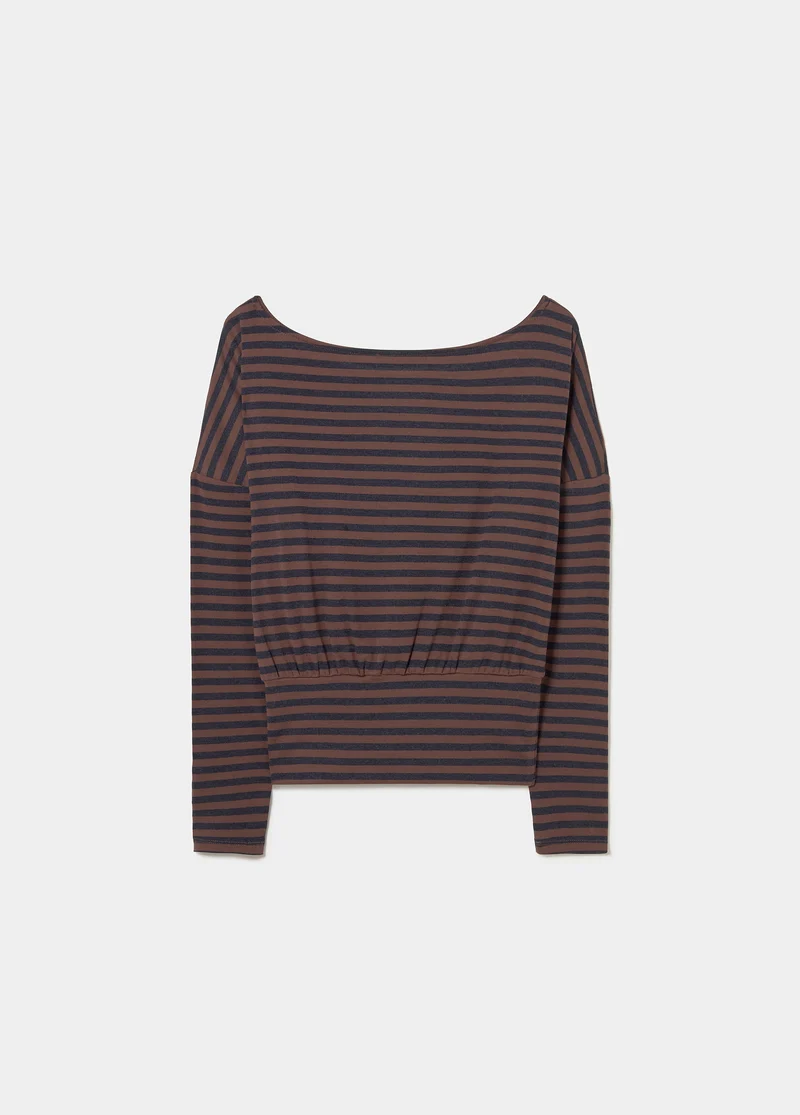 Fitted waist-length knitted striped T-shirt