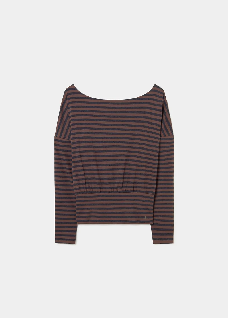 Fitted waist-length knitted striped T-shirt