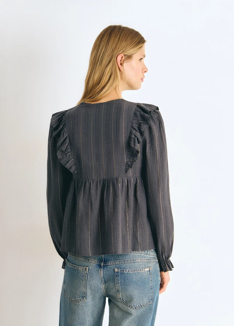 Blouse with ruffle detail and lurex stripe