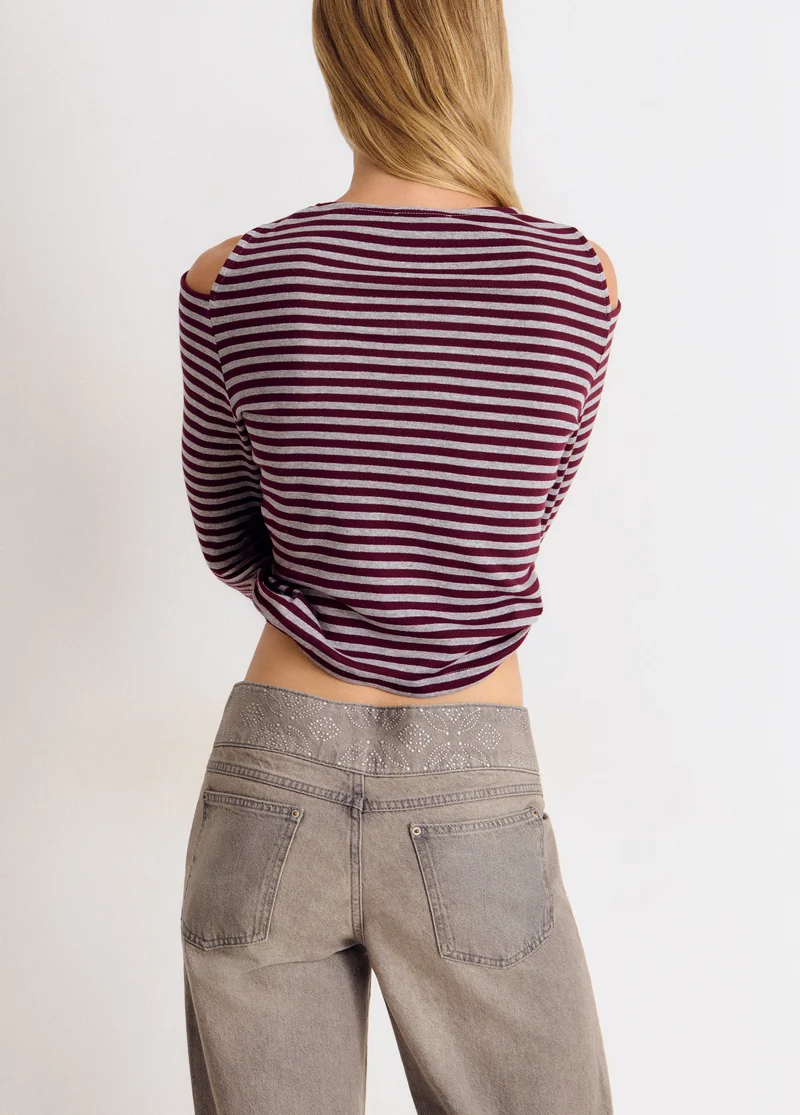 Cut-out Shoulder Lurex Stripe T-Shirt