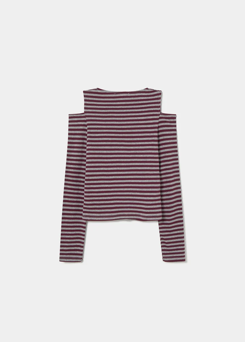 Cut-out Shoulder Lurex Stripe T-Shirt