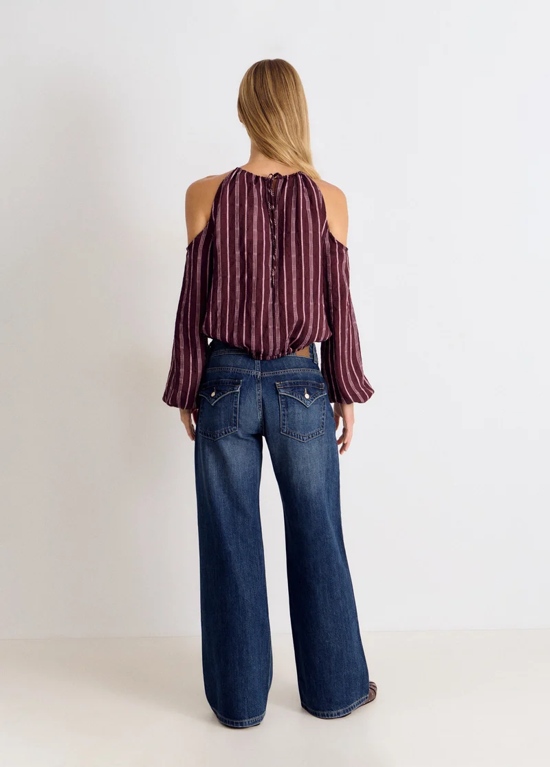 Long-sleeved striped cut-out blouse