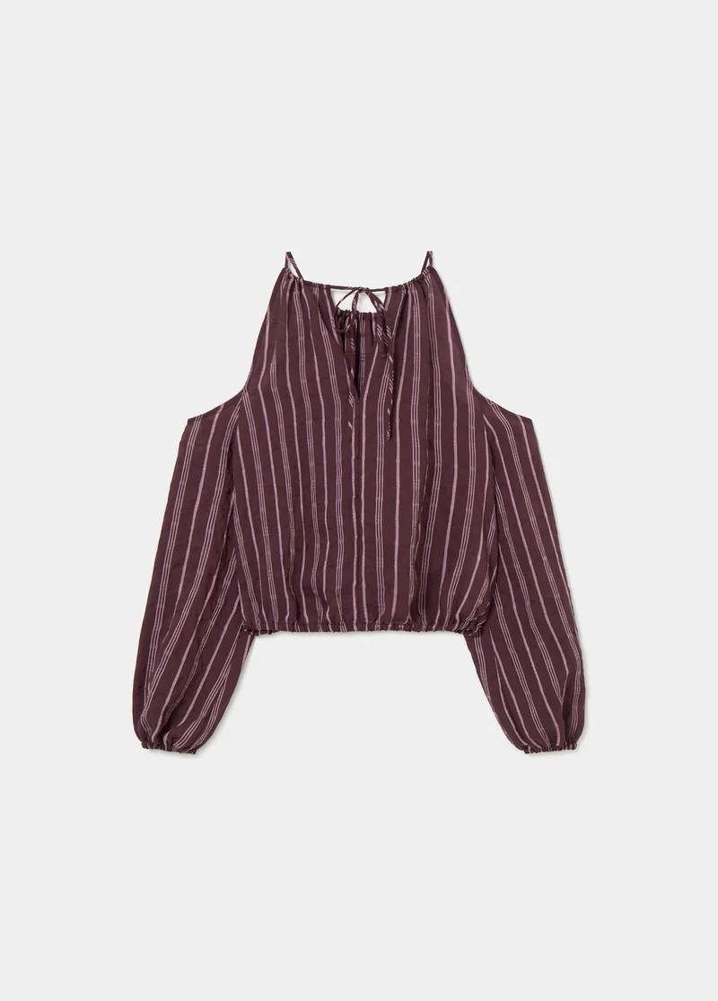 Long-sleeved striped cut-out blouse