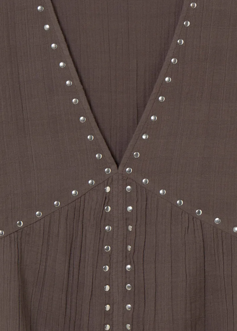 Long-sleeve studded V-neck blouse