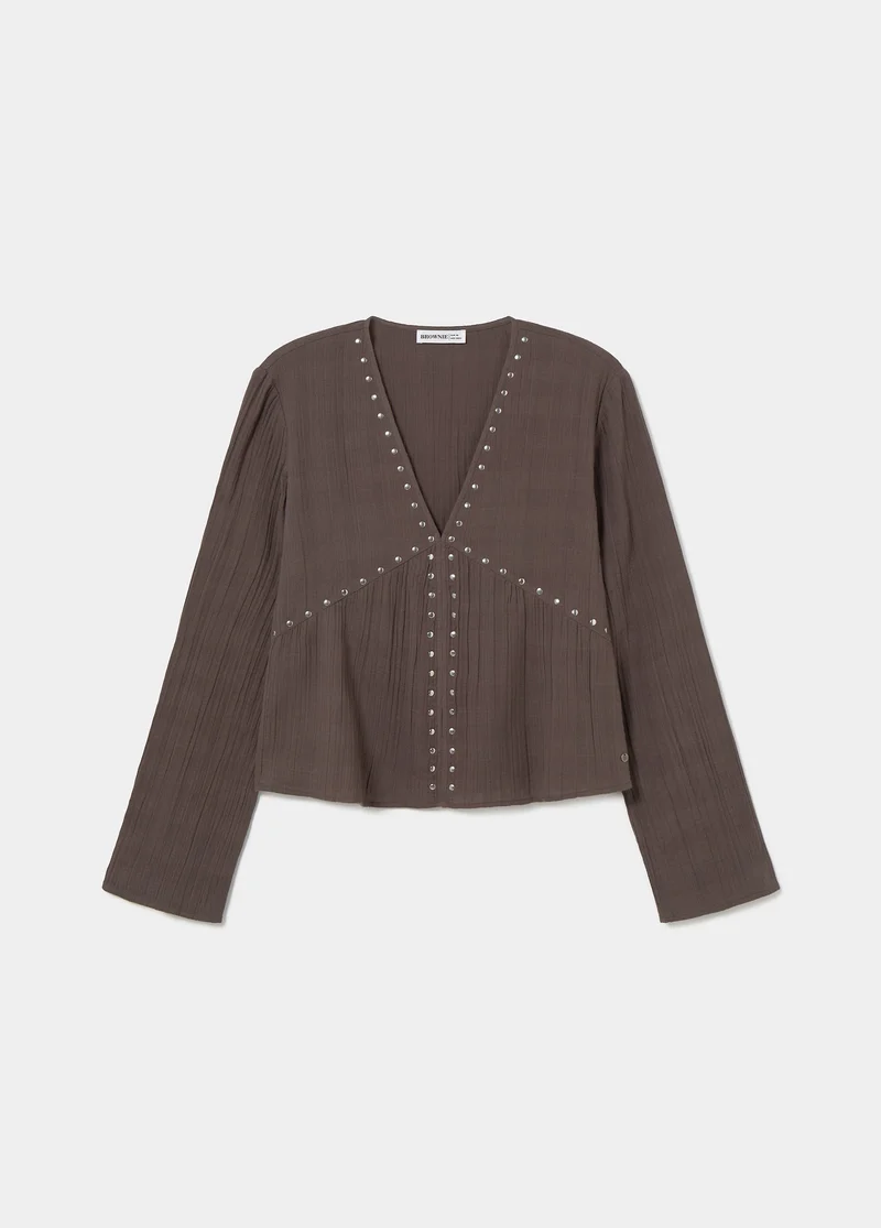 Long-sleeve studded V-neck blouse