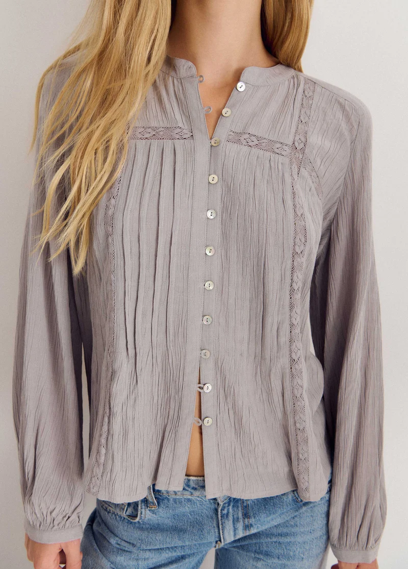 Lace pintuck long-sleeve blouse