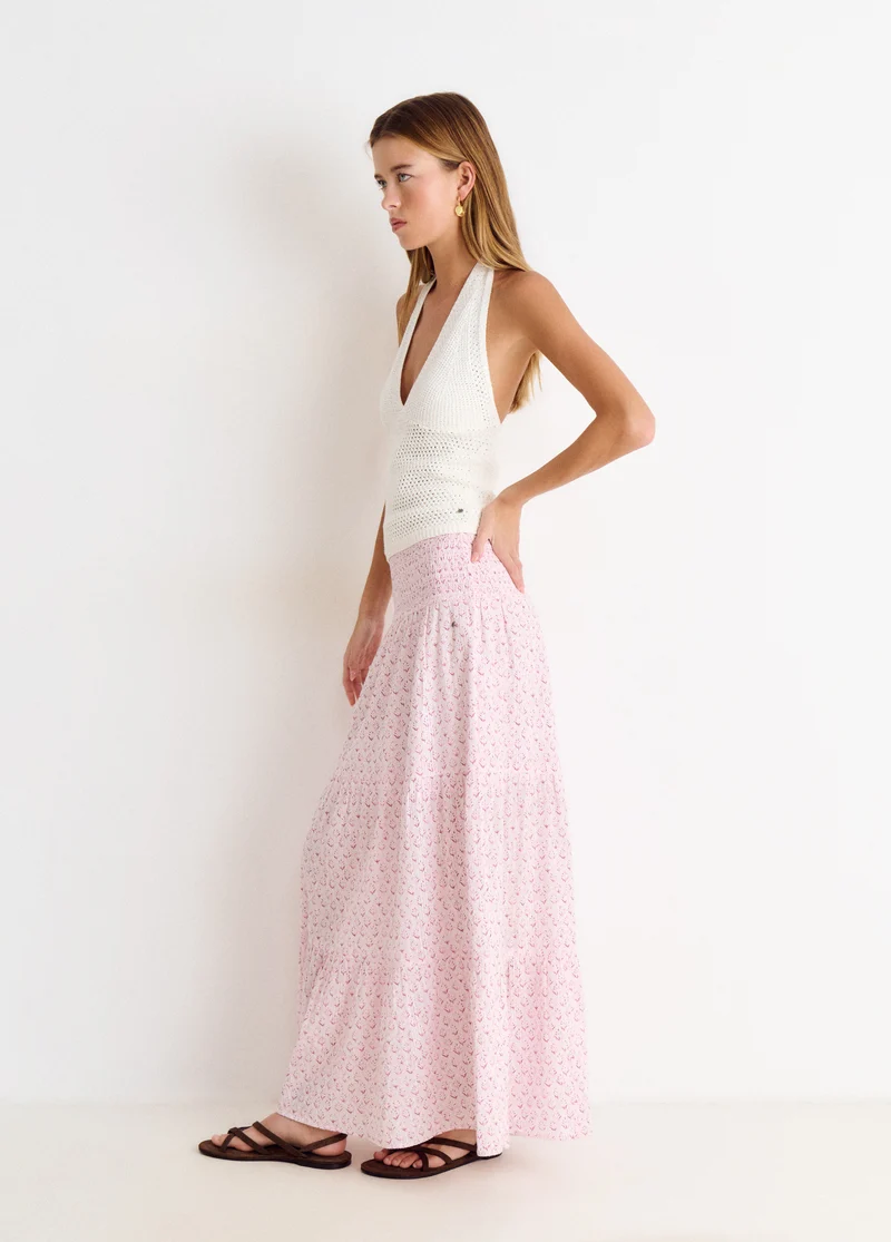 Long printed smocked skirt