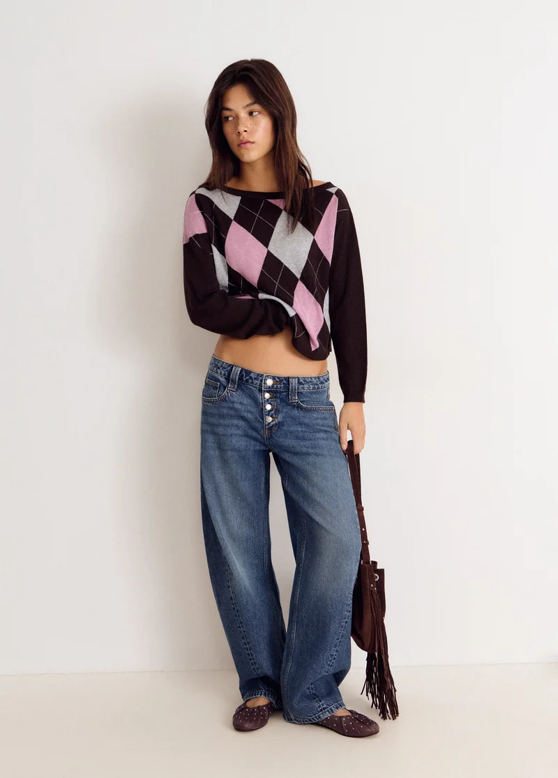 Asymmetrical diamond-patterned sweater