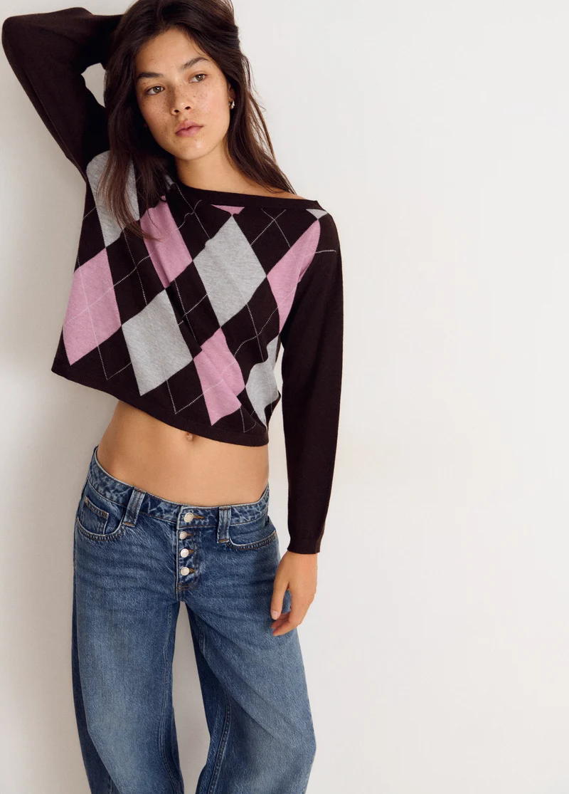 Asymmetrical diamond-patterned sweater