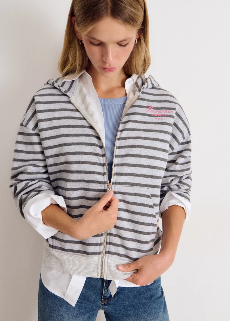 Striped zip-up sweatshirt with embroidery