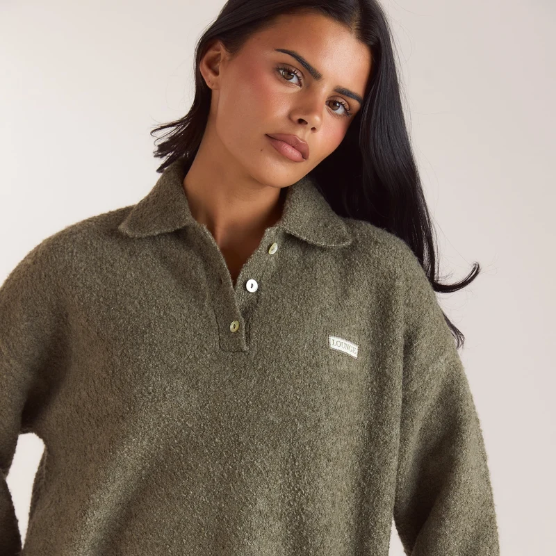 Bouclé-Strickpullover mit Polokragen - Khaki
