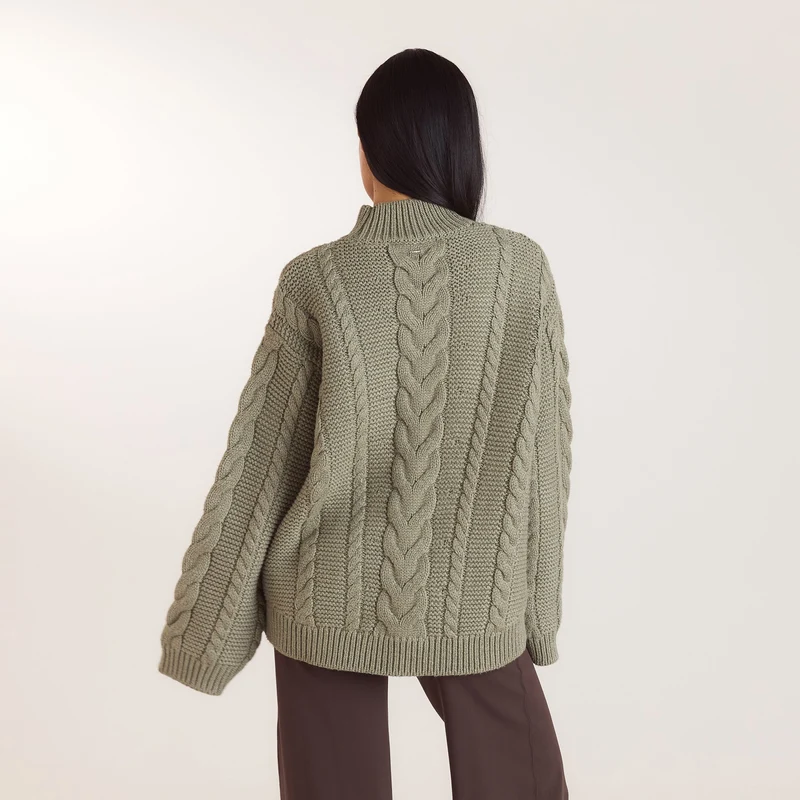 Oversized-Strickpullover mit Zopfmuster - Olivgrün