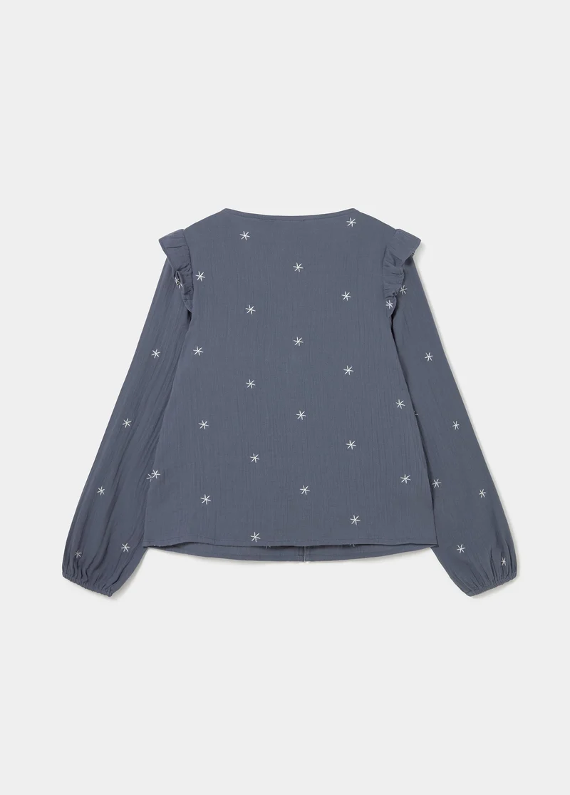 Long-sleeve dobby V-neck blouse
