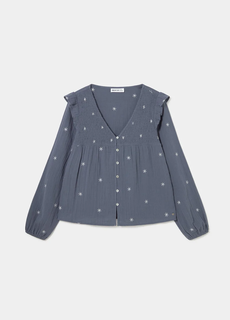 Long-sleeve dobby V-neck blouse