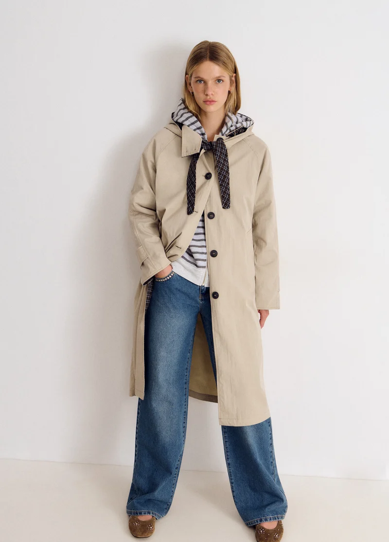 Long hooded trench coat