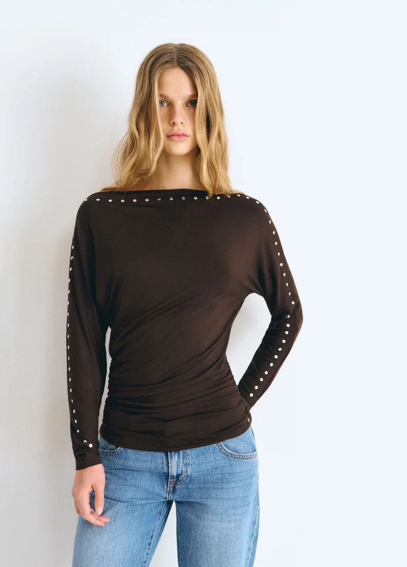 Boat-neck studded T-shirt