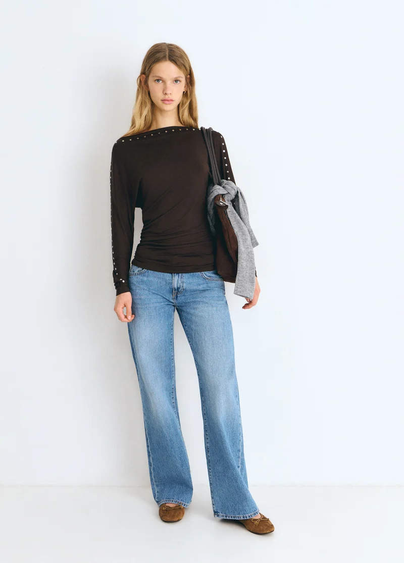 Boat-neck studded T-shirt