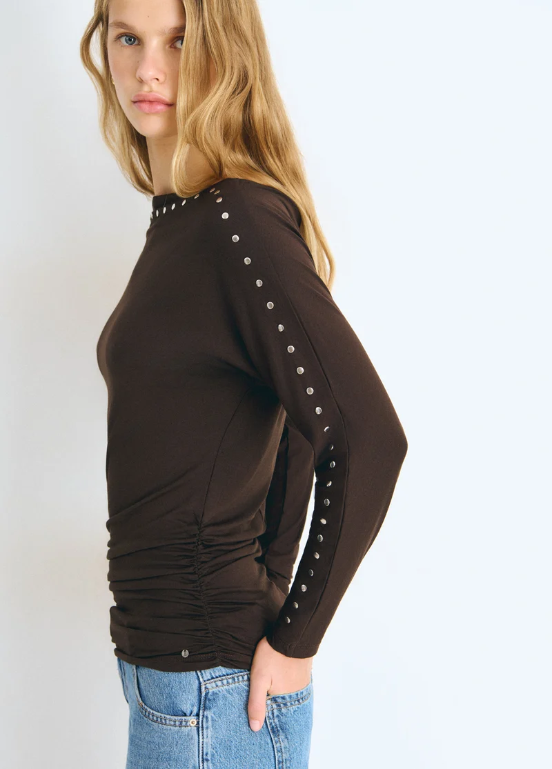 Boat-neck studded T-shirt