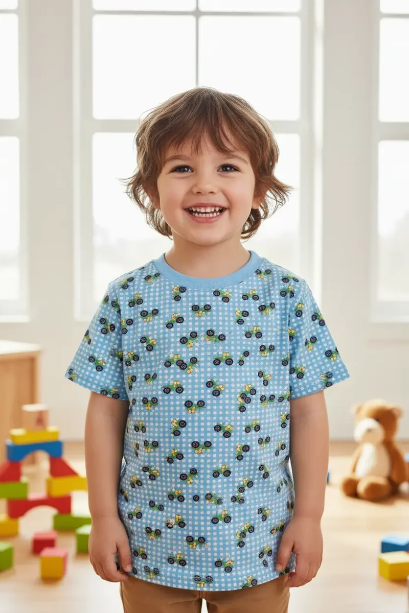 Baumwolljersey mit Traktoren blau 70 cm Reststück