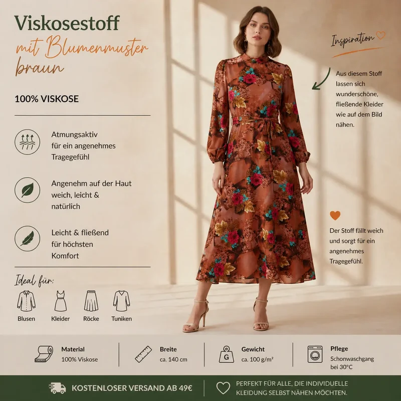Viskosestoff mit Blumen Motiv braun