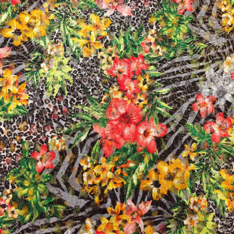 Exotische Spitze mit Blumen und Tierfellmotiv - Goldschimmer