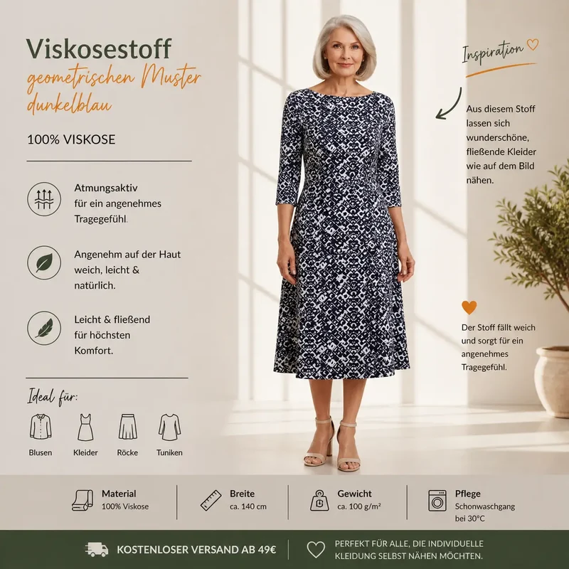 Viskosestoff mit geometrische Muster dunkelblau