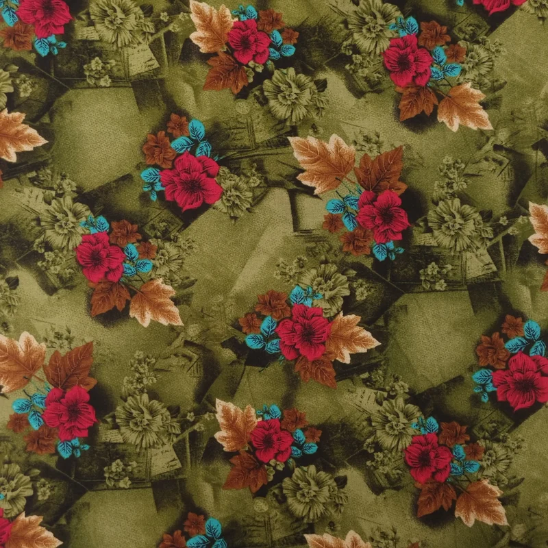 Viskosestoff mit Blumen Motiv grün rot