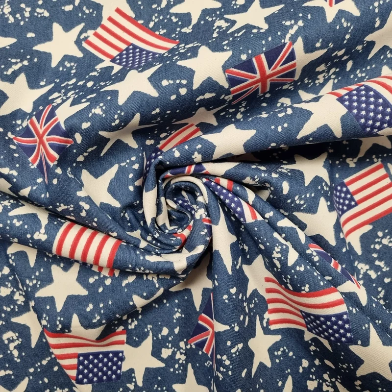 Stretch Jeansstoff mit USA, UK Flaggen und Sternen