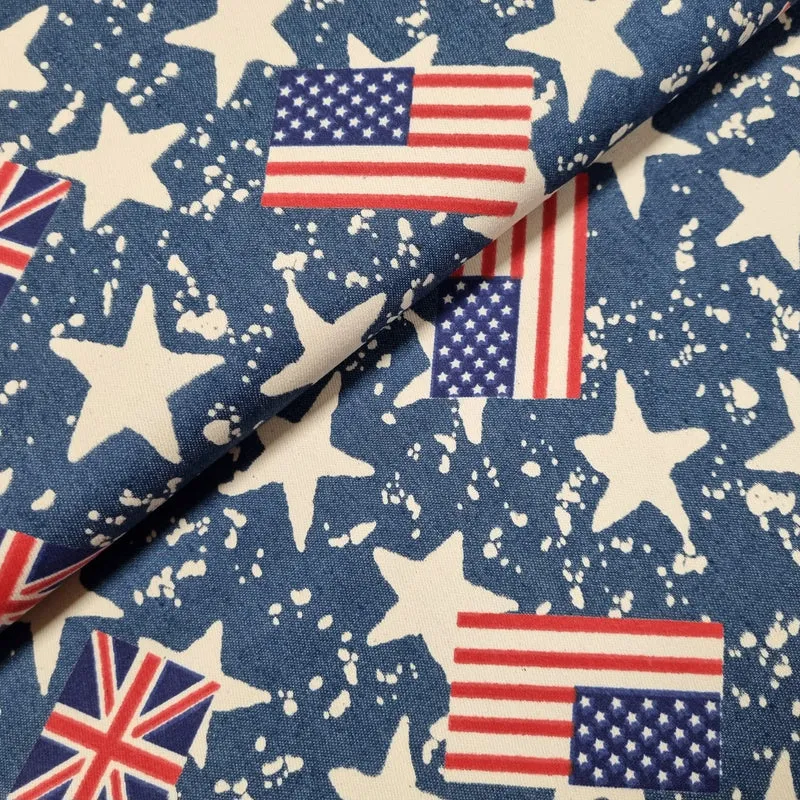 Stretch Jeansstoff mit USA, UK Flaggen und Sternen