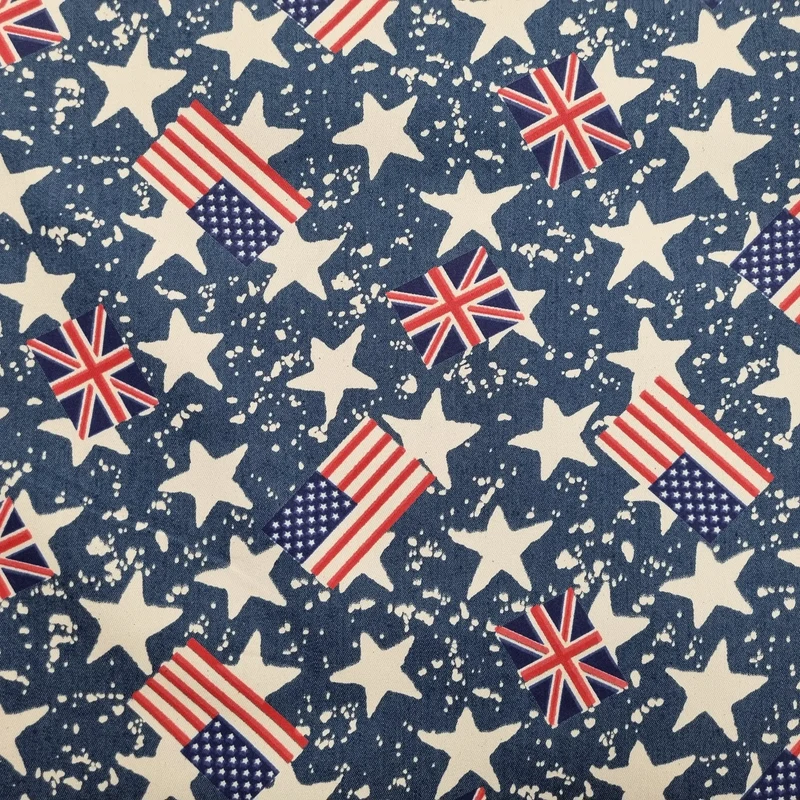 Stretch Jeansstoff mit USA, UK Flaggen und Sternen