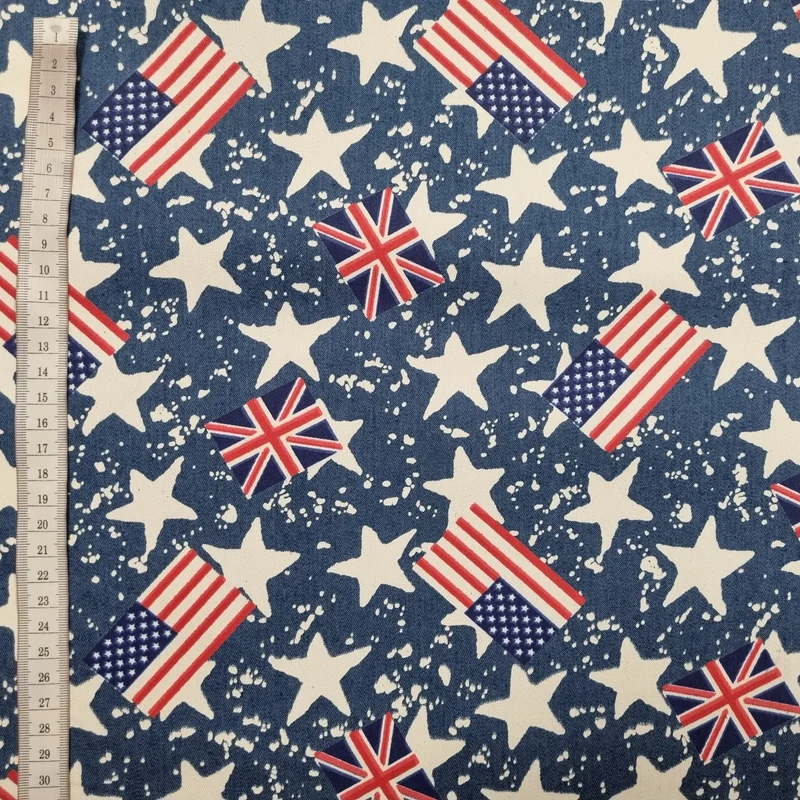 Stretch Jeansstoff mit USA, UK Flaggen und Sternen