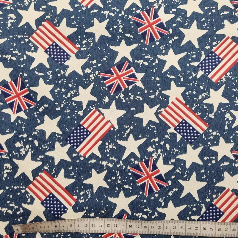 Stretch Jeansstoff mit USA, UK Flaggen und Sternen