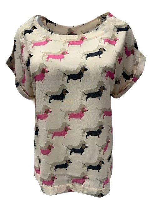 Blusenshirt mit witzigem Dackel-Print in Farbe Sand/Pink – EXKLUSIVDRUCK