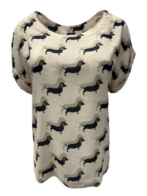 Blusenshirt mit witzigem Dackel-Print in Farbe Sand/Marine – EXKLUSIVDRUCK