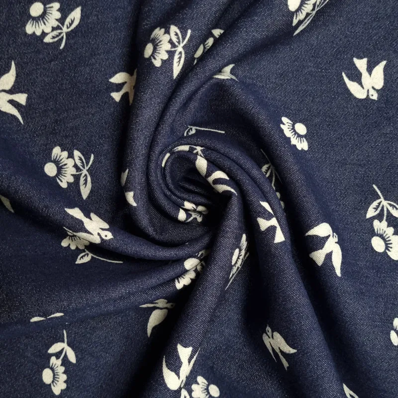 Stretch Jeansstoff mit Blumen und Vögeln