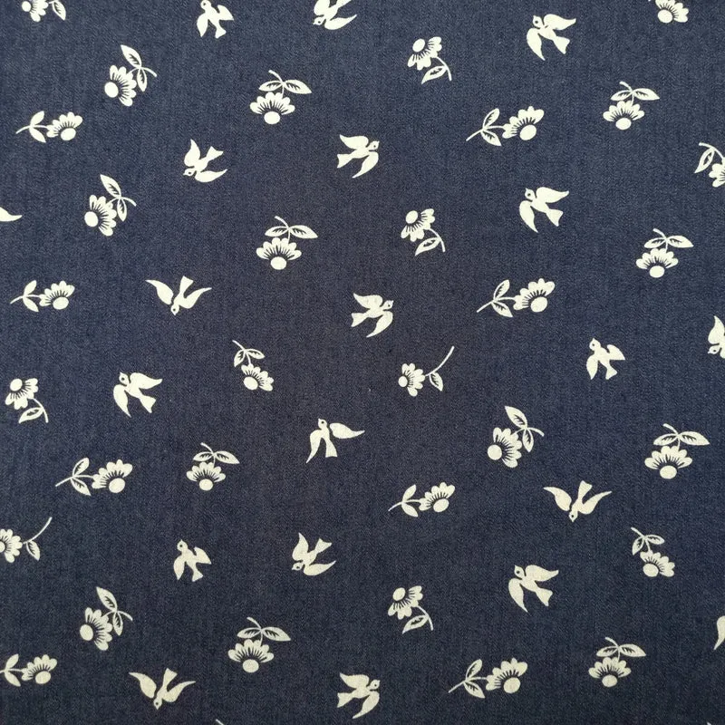 Stretch Jeansstoff mit Blumen und Vögeln