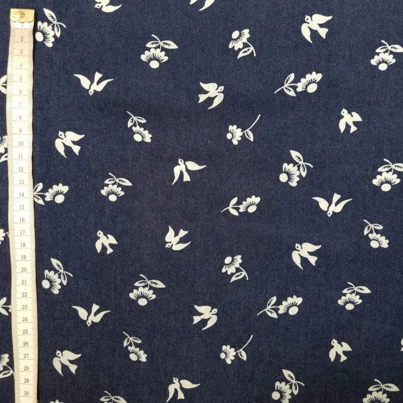 Stretch Jeansstoff mit Blumen und Vögeln