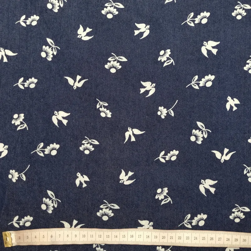 Stretch Jeansstoff mit Blumen und Vögeln