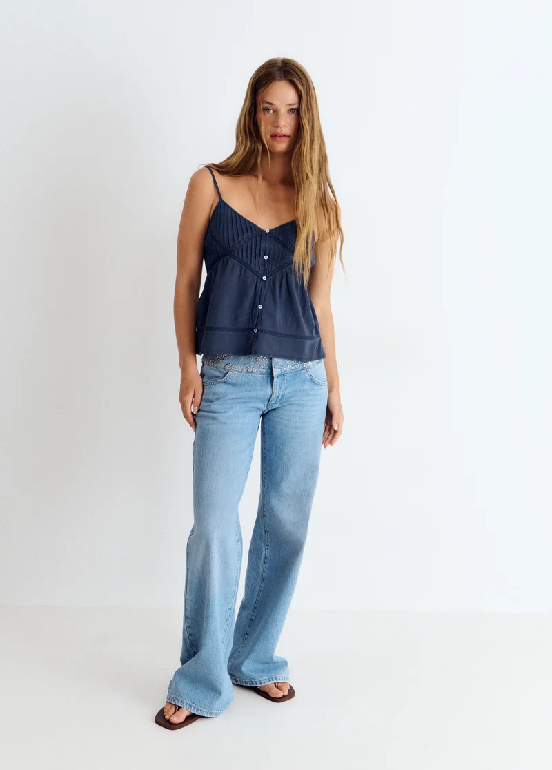 Lace-button spaghetti-strap top