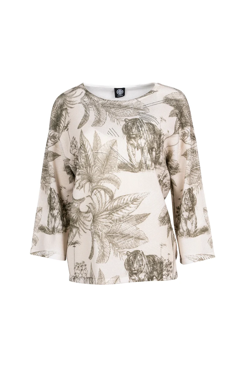 Feinstrickpullover mit Tropical-Tiger-Print und 3/4 Fledermausarm