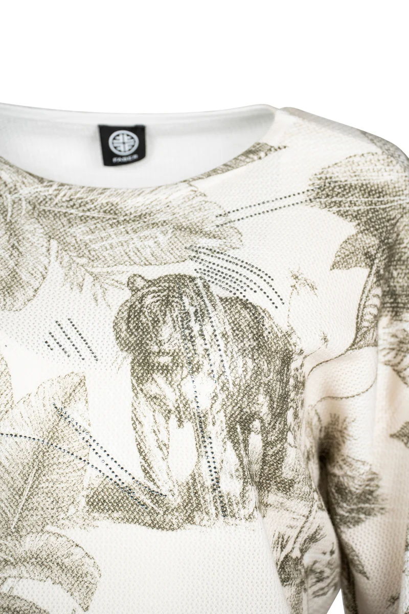 Feinstrickpullover mit Tropical-Tiger-Print und 3/4 Fledermausarm