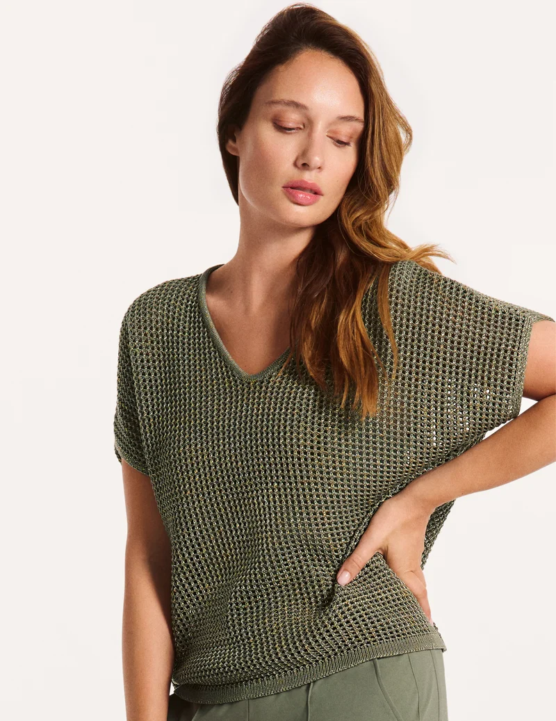 Kurzarm Netzpullover mit goldener Veredelung | 100% Made in Germany