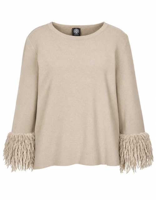 Pullover mit Boho-Fellbesatz Kiesel