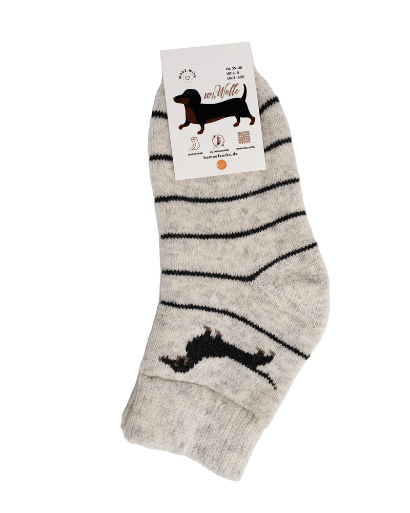 Ein Paar Wollsocken mit Dackelmotiv 80% Wolle