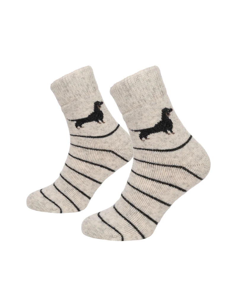 Ein Paar Wollsocken mit Dackelmotiv 80% Wolle