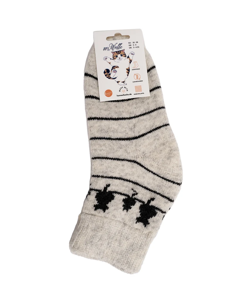 Ein Paar Wollsocken mit Katzenmotiv 80% Wolle