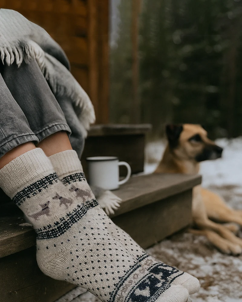 Ein Paar Wollsocken mit Hundemotiv